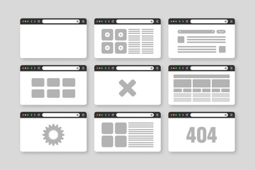 Fototapete - Web browser window, pages layout with toolbar and search field. Modern website, internet page in flat style. Browser mockup for computer, tablet and smartphone. Adaptive UI. Vector illustration