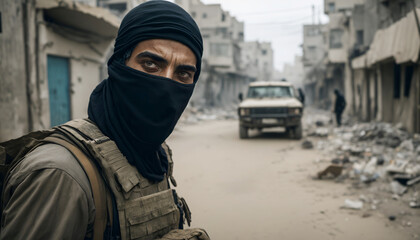 Rebel terrorist warrior in city in ruins. Special forces in war zone