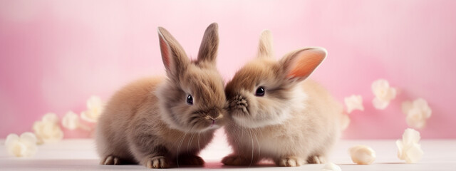 Wall Mural - Two cute rabbits love. Friendship with the Easter Bunny. Happy rabbit.Generative AI