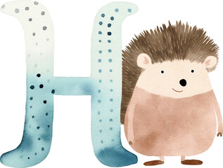 Aufkleber - Letter H with hedgehog illustration created with Generative AI technology