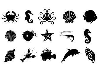 marine life. sea life animals, aquatic animal silhouette vector illustration isolated on white
