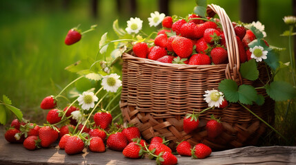 Canvas Print - Fresh ripe organic strawberries in a basket next to strawberries. Generative AI