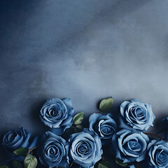 Wall Mural - blue roses frame on pale blue background top view, beautiful floral template with copy space