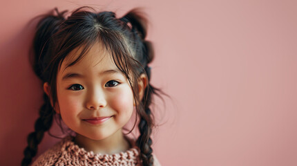 happy cute little asian brunette girl with pigtails on pink background, closeup smiling face