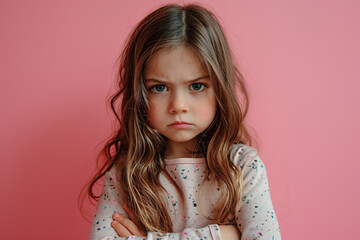 portrait of cute upset offended little girl child on flat pink background