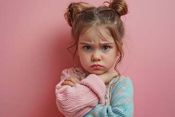 portrait of cute sad offended little girl on flat pink background