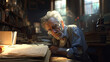 © Priessnitz Studio - Pensive Elderly Man Intently Reviewing Documents in a Dusty Library Illuminated by Sunlight