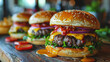 Gros plan sur un hamburger avec viande, fromage et légumes. Servi avec frites. Alimentation, fast food, nourriture. Pour conception et création graphique.