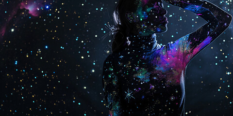 Wall Mural - body painting of a cosmic galaxy, female model, full torso, star clusters and swirling nebulae, dark