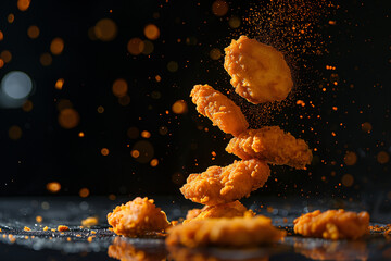 Wall Mural - Golden deep fried chicken nuggets with black background exploding in mid air