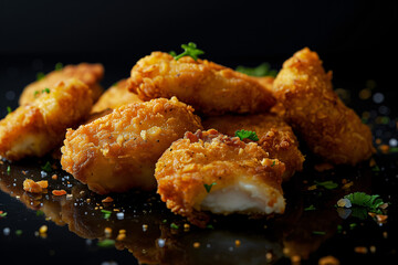 Wall Mural - Close up freshly fried boneless chicken nuggets with black background