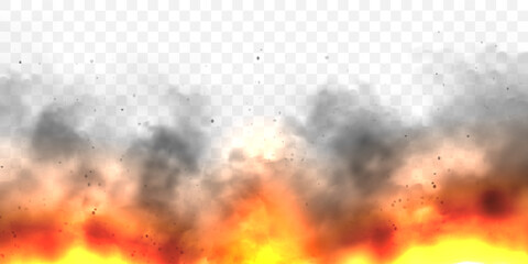 Canvas Print - Realistic black smoke clouds and fire. Flame blast, explosion. Stream of smoke from burning objects. Forest fires. Transparent fog effect. Vector design element.