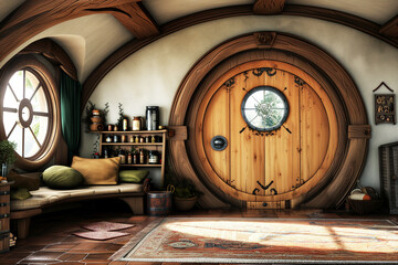 Wall Mural - Fantasy interior design cottage with round arched wooden door and rustic accents
