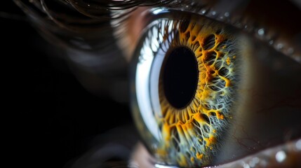 Close up of eye iris on black background, macro, photography