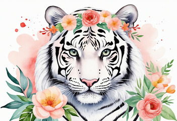 Wall Mural - Feminine white tiger with flower crown watercolor art illustration on white background for t-shirt or poster design.