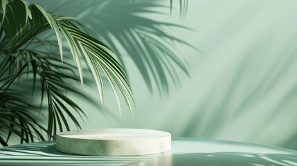 Wall Mural - Minimal abstract background for the presentation of a cosmetic product. Empty premium podium with a shadow of tropical palm leaves on a green background. Showcase, display case