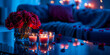 © Sunshower Shots - Red roses and candles in dark blue living room, Valentine's Day interior design decor, wide banner, copyspace
