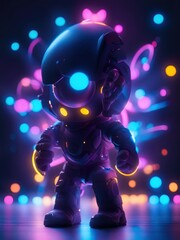 Neon lights futuristic technology background design with 3d cyborg robot character illustration.