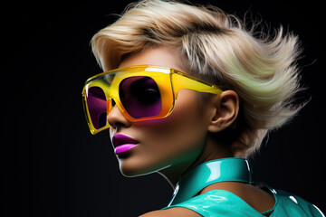 Wall Mural - Young beauty woman model wearing modern sunglasses on black background. Face of girl with makeup and stylish haircut, short blond hair. Concept of style, fashion, hairstyle, studio