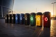 Multicolored Trash Cans with Recycle Symbols. Eco Recycling Concept for Sustainable Environment