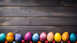 Fototapeta  - Wooden background with organized colorful easter eggs