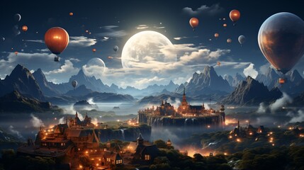 Wall Mural - Fantasy landscape with floating city and hot air balloons