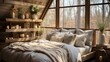 A cozy bedroom with a view of the forest