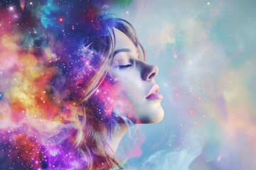 Wall Mural - beautiful fantasy abstract portrait of a beautiful woman double exposure with a colorful digital paint splash or space nebula