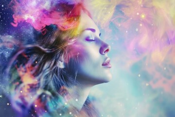 Wall Mural - beautiful fantasy abstract portrait of a beautiful woman double exposure with a colorful digital paint splash or space nebula