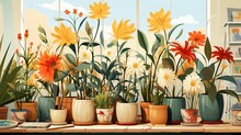 An Illustration Of A Variety Of Flowers In Pots Placed On A Table Near A Window