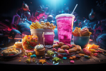 Wall Mural - An illustration of a gaming marathon, with snacks and energy drinks, symbolizing the endurance and commitment of gamers during extended sessions. Generative Ai.