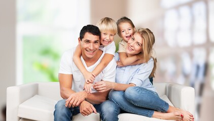 Poster - Family portrait, happy parents and child at home