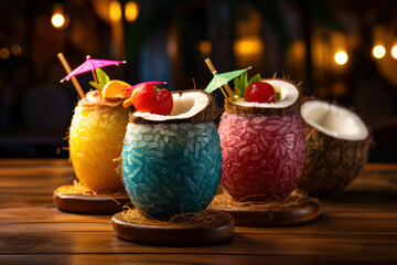 Poster - Colorful Hawaiian-themed cocktails served in carved coconut cups, transporting you to a Pacific island getaway. Generative Ai.