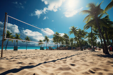 Canvas Print - A beach volleyball tournament set against the scenic backdrop of palm trees and azure waters. Generative Ai.