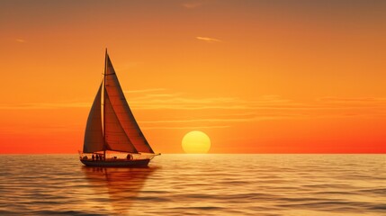 Poster - A sailboat gracefully sails in the ocean at sunset, casting a warm glow on the water. Generative AI.