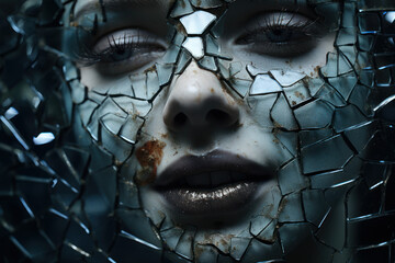 Wall Mural - a shattered mirror reflecting distorted fragments of a sinister smile, embodying the psychological f
