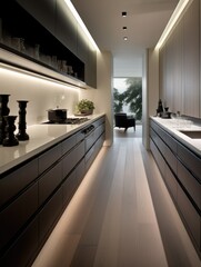 Sticker - A sleek, modern kitchen with black cabinets and wood floors. Generative AI.