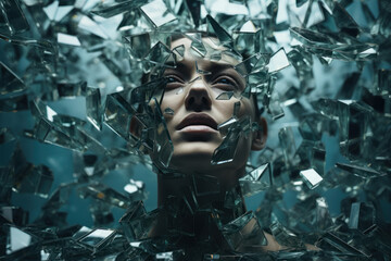 Wall Mural - a maze of shattered mirrors reflecting myriad fractured selves, illustrating the internal struggle f