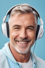 Wall Mural - Portrait of a white middle-aged male smiling while wearing wireless headphones against pastel blue background, background image, generative AI