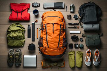 Poster - A collection of travel essentials neatly packed in a backpack, symbolizing the habit of spontaneous adventure and exploration. Concept of wanderlust fulfillment. Generative Ai.