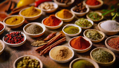  Lots of spices lined up, close-up