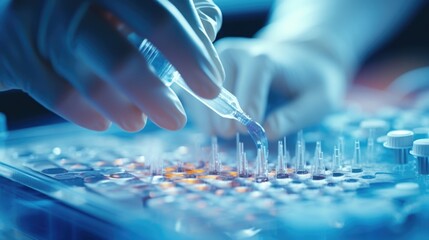 closeup of a person carefully pipetting a dna sample into a well plate for genetic testing analysis.