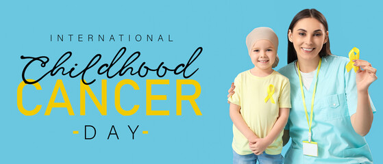 Poster - Banner for International Childhood Cancer Day with little girl and doctor holding awareness ribbon