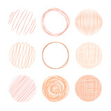 Fototapeta  - Zestaw ręcznie rysowanych kół. 9 okrągłych kształtów z linii w kolorze peach fuzz.