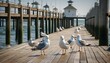 Seagulls circling a bustling fishing pier, eager to snatch a summer snack from the catch