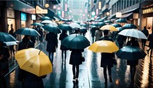 Umbrellas Dotting A Crowded Pedestrian Walkway, Showcasing The Urban Rhythm Of A Rainy Day