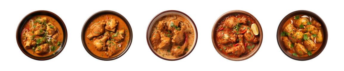 Wall Mural - Collection bowl of tasty chicken curry dish from Indian cuisine isolated on a transparent background, top view