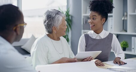Aufkleber - Tablet, teamwork or business mentor planning a strategy with woman in conversation in training. People, leadership or mature manager in meeting talking, coaching or speaking of data analysis report