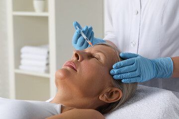 Canvas Print - Doctor giving facial injection to senior woman in clinic, closeup. Cosmetic surgery