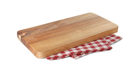 Wall Mural - Wooden cutting board and checkered towel isolated on white